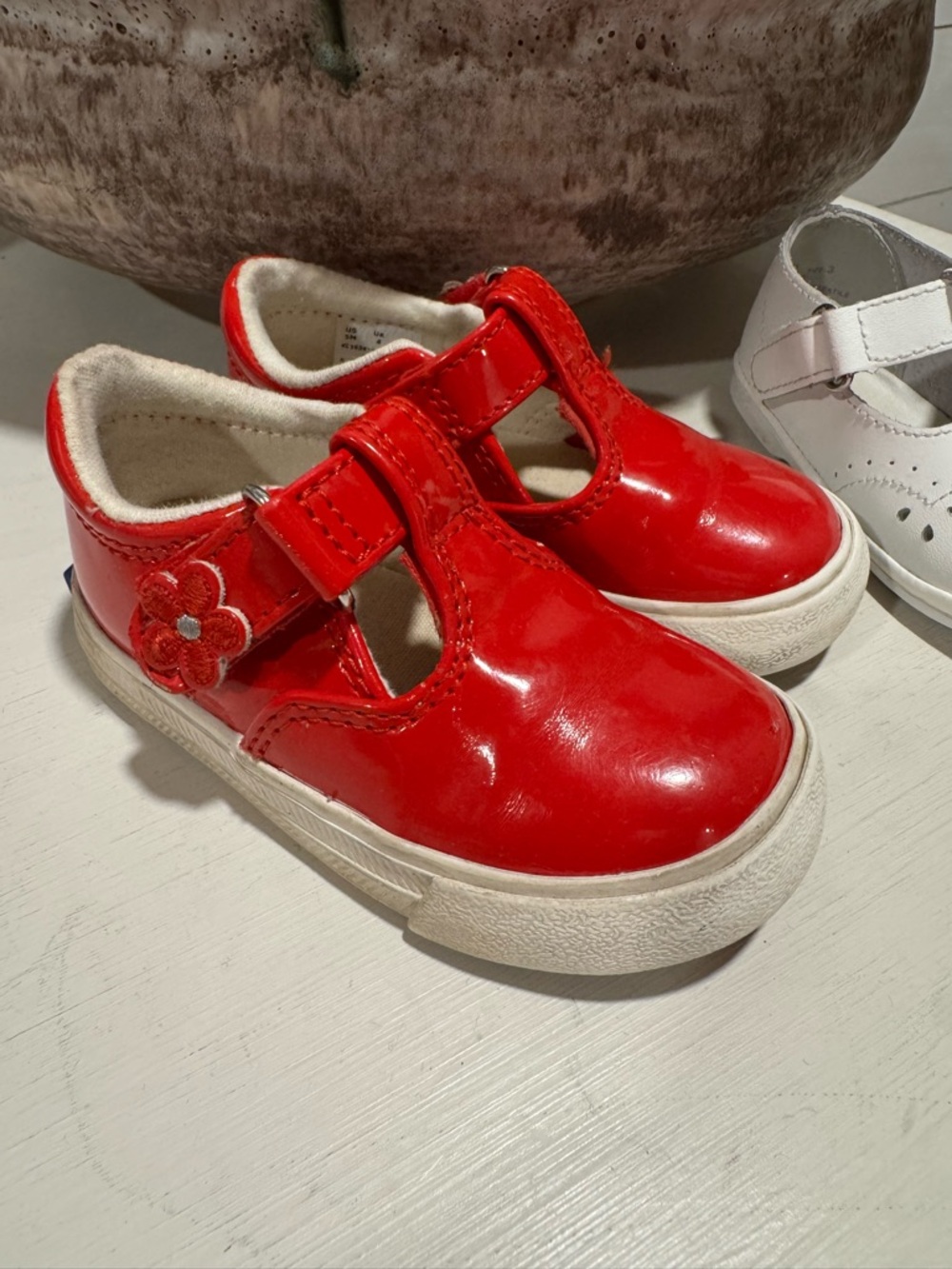 Keds Red Patent T-Strap Mary Jane Shoes with Flower Accent